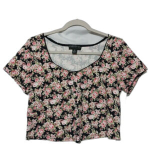 Forever 21 top Women 2X black floral crop tee faux buttons sweatheart lace neck